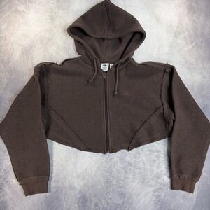 Adidas Cropped Sherpa Hoodie Womens XS Brown Full Zip Fleece Trefoil Logo